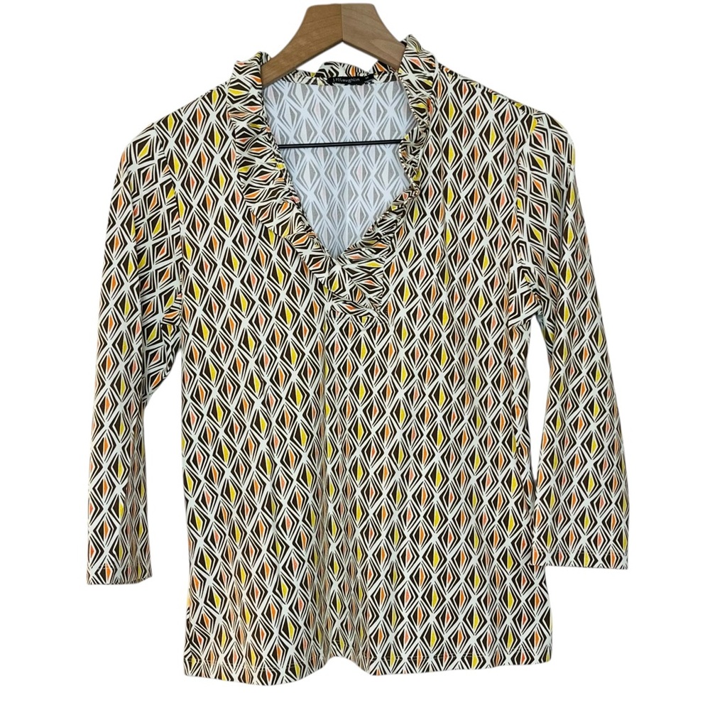 J McLaughlin Durham Knit Ruffle Neck Catalina Cloth Geo Print Blouse Size Medium